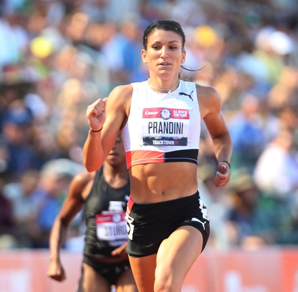 Two-time national champion Jenna Prandini, a 2016 Rio Olympian, cruises to the finish in the semifinals of the women's 200 meters.