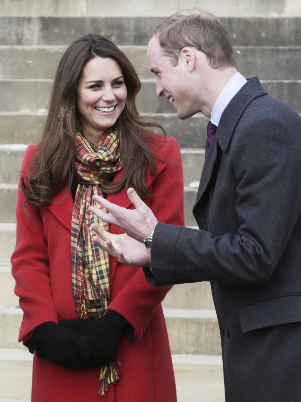 FILE - This is a Friday April 5, 2013 file photo Britain's Prince William and Kate Duchess of Cambridge, smile during a visit to Dumfries House in Dumfries, Scotland, to attend the opening of an outdoor centre. Prince William's wife Kate has been admitted to the hospital in early stages of labor it was announced on Monday July 22, 2013. (AP Photo/Danny Lawson, Pool)