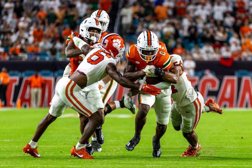 University of Miami wide receiver Brashard Smith (0) runs the ball during the second quarter of an ACC college football game against Clemson University at Hard Rock Stadium in Miami Gardens, Florida, on Saturday, October 21, 2023.