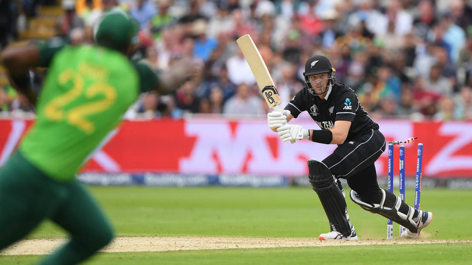 Martin Guptill knocks his bails off. (Photo by Stu Forster-IDI/IDI via Getty Images)