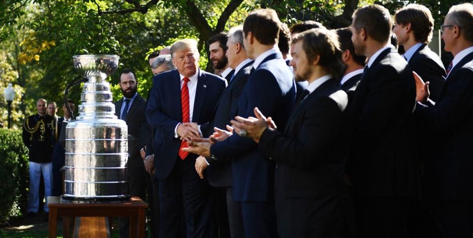 Donald Trump did his typical Donald Trump thing as the Blues visited the White House on Tuesday. (BRENDAN SMIALOWSKI/AFP via Getty Images)