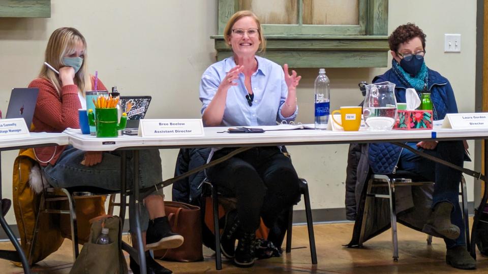 Heidi Armbruster, center, enjoys a moment during the first rehearsal of "The Scarecrow" at Next Act Theatre.