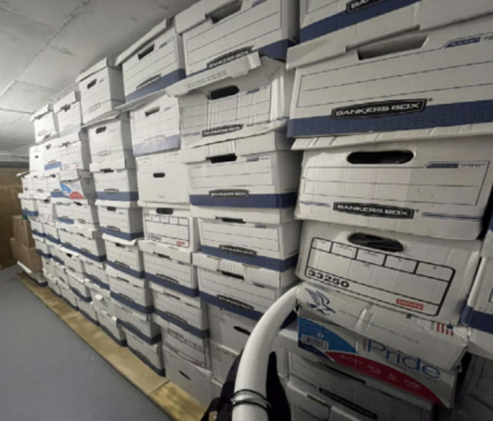 This image, contained in the indictment against former President Donald Trump, shows boxes of records in a storage room at Trump's Mar-a-Lago estate in Palm Beach, Fla., that were photographed on Nov. 12, 2021. Trump is facing 37 felony charges related to the mishandling of classified documents according to an indictment unsealed Friday, June 9, 2023. (Justice Dept. via AP file)