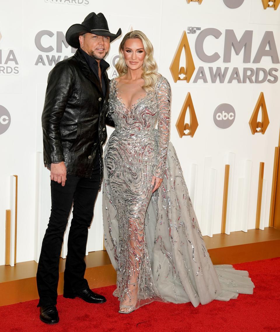 Jason and Brittany Aldean arrives for the 56th CMA Awards at Bridgestone Arena Wednesday, Nov. 9, 2022, in Nashville, Tenn. 