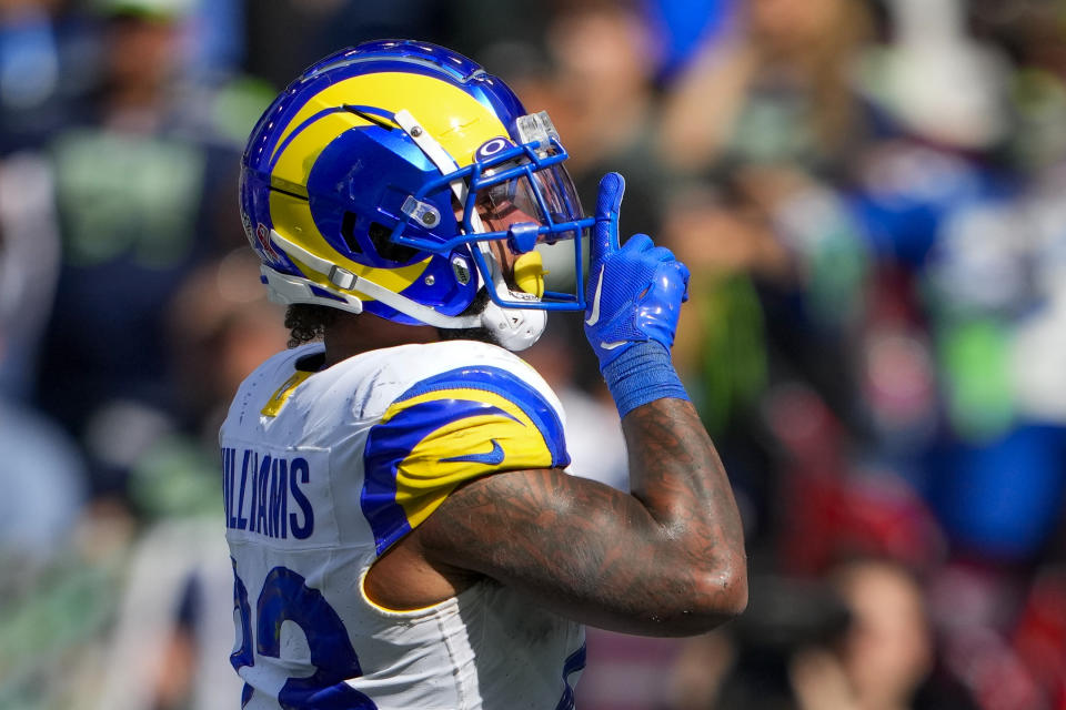 Los Angeles Rams running back Kyren Williams celebrates after scoring against the Seattle Seahawks during the second half of an NFL football game Sunday, Sept. 10, 2023, in Seattle. (AP Photo/Lindsey Wasson)