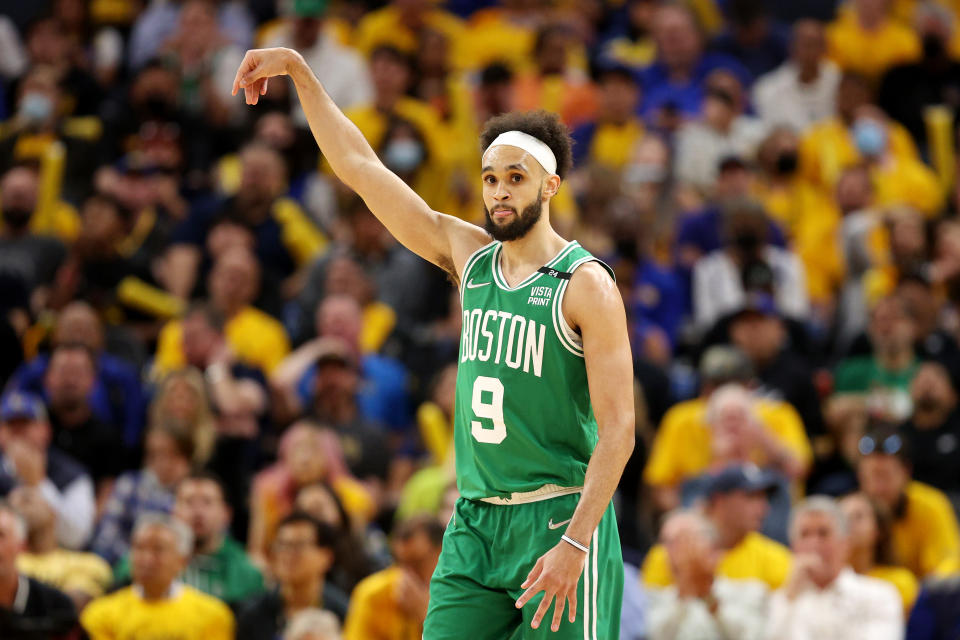 SAN FRANCISCO, CALIFORNIA - JUNE 02: Derrick White #9 of the Boston Celtics reacts during the fourth quarter against the Golden State Warriors in Game One of the 2022 NBA Finals at Chase Center on June 02, 2022 in San Francisco, California. NOTE TO USER: User expressly acknowledges and agrees that, by downloading and/or using this photograph, User is consenting to the terms and conditions of the Getty Images License Agreement. (Photo by Ezra Shaw/Getty Images)