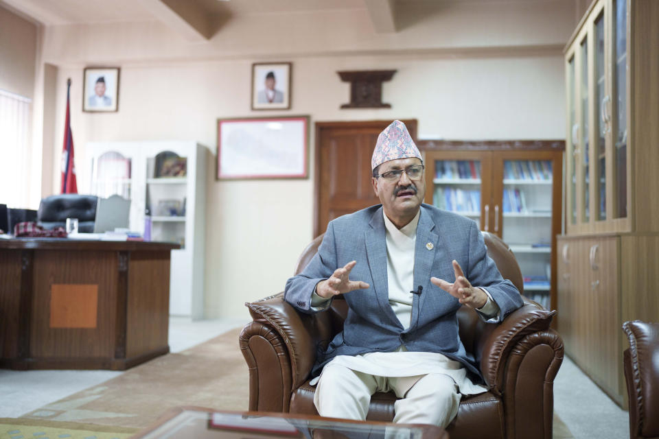 Nepal's Foreign Minister Narayan Prakash Saud talks to the Associated Press during an interview in Kathmandu, Nepal, Wednesday, April 26, 2023. Nepal's new government, led by a Communist prime minister, will be giving priority to enhancing relationship with both its giant neighbors India and China, but won't use them against each other for its own benefit, the newly appointed foreign minister said Wednesday. (AP Photo/Niranjan Shrestha)