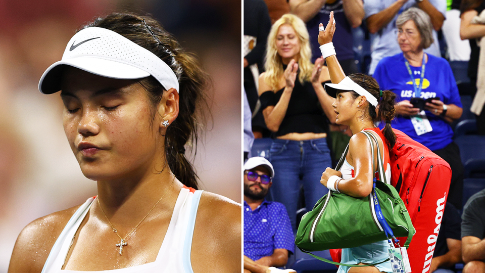 Defending US Open champion Emma Raducanu (pictured) waving to the fans after being knocked out of the US Open.