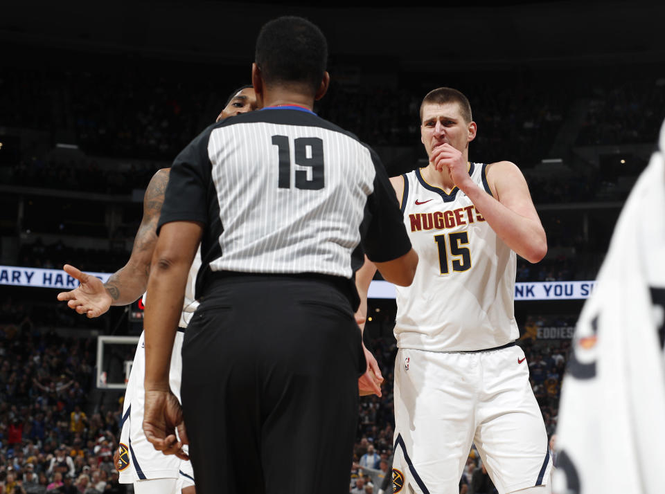 Denver Nuggets center Nikola Jokic argues a call with referee James Capers during Sunday's loss to the Washington Wizards. (AP)
