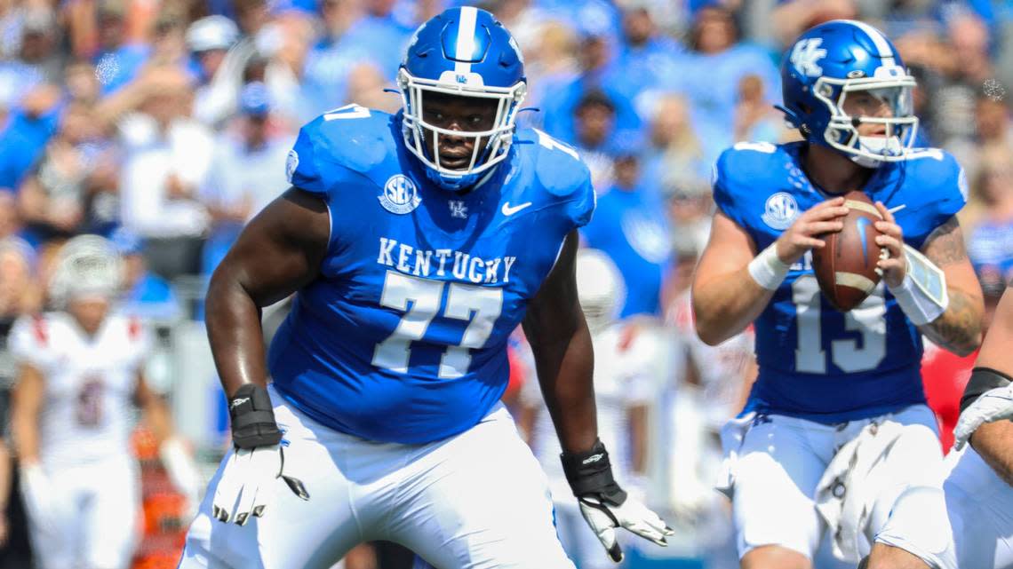 Kentucky right tackle Jeremy Flax (77) is one of the few UK offensive players whose play during the 2023 season has exceeded preseason expectations.