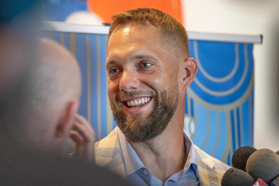 Former Kansas City Royals left fielder Alex Gordon answers questions from the media during a news conference at the Loews Hotel on Thursday, May 16, 2024, in Kansas City.