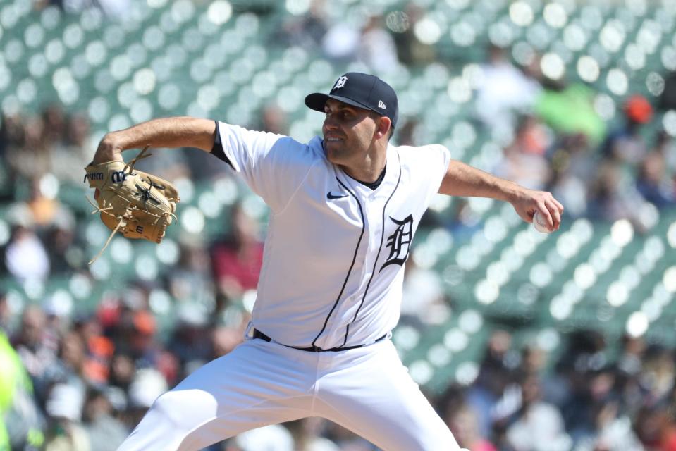 Detroit Tigers starter Matthew Boyd (48) pitches against the Boston Red Sox during the first inning at Comerica Park in Detroit on Sunday, April 9, 2023.