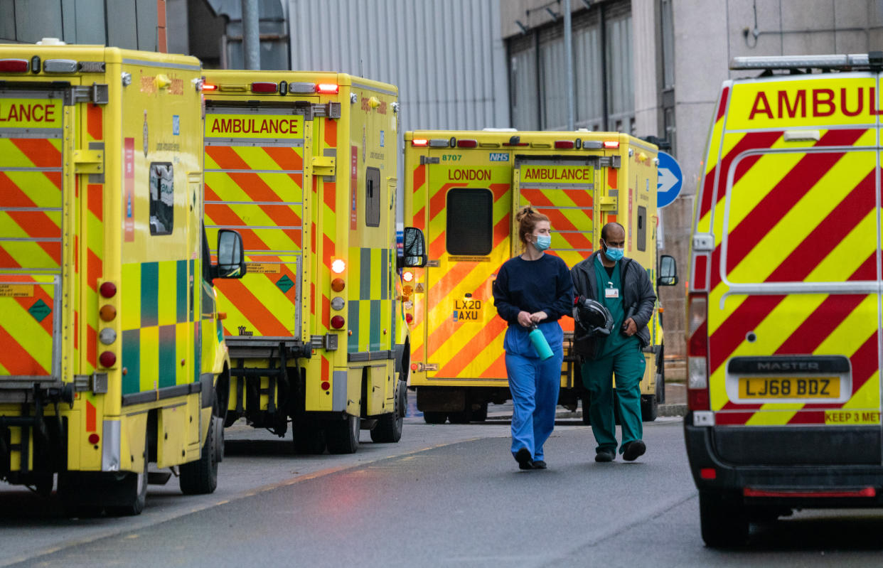 Medical personnel and ambulances outside the Royal London Hospital, in London, during England's third national lockdown to curb the spread of coronavirus. Picture date: Wednesday January 20, 2021. (Photo by Dominic Lipinski/PA Images via Getty Images)