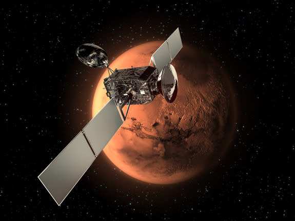 The ExoMars Trace Gas Orbiter (TGO), along with an Entry, Descent and Landing Demonstrator Module (EDM), form the first mission in the ESA-NASA ExoMars Programme. The Orbiter and EDM are scheduled to arrive at Mars in 2016. This image shows the