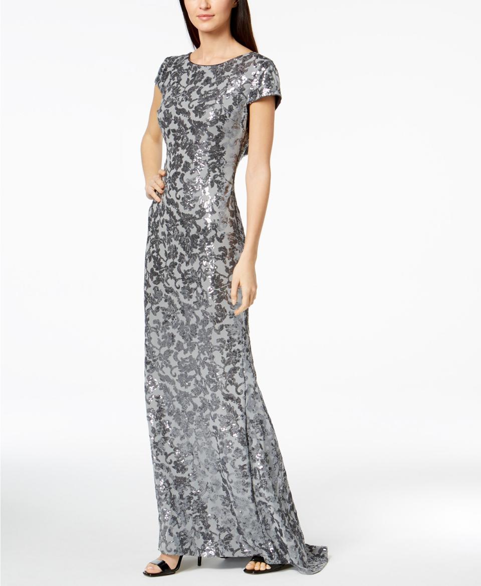 Calvin Klein Draped-Back Sequined Gown. (Photo: Macy’s)