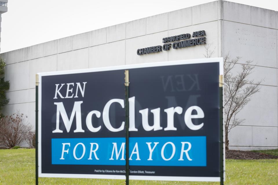 A campaign yard sign of incumbent Mayor Ken McClure sits in the lawn of the Springfield Area Chamber of Commerce.