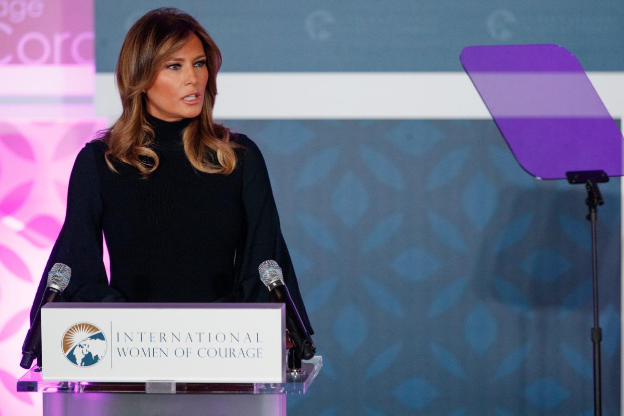 First lady Melania Trump looks to a teleprompter as she speaks during the 2020 International Women of Courage Awards Ceremony at the State Department in Washington, Wednesday, Feb. 4, 2020. (AP Photo/Carolyn Kaster)