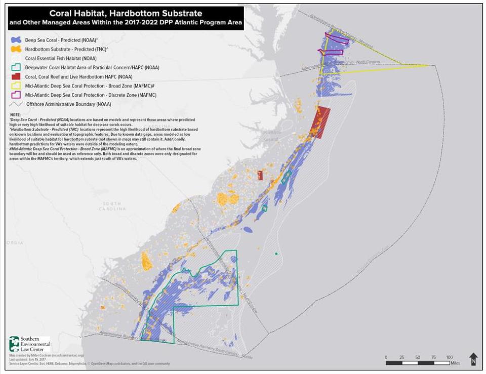 A 2017 map of predicted coral habitat and hard-bottom substrate off the coast of the southeastern United States. (Photo: Southern Environmental Law Center)