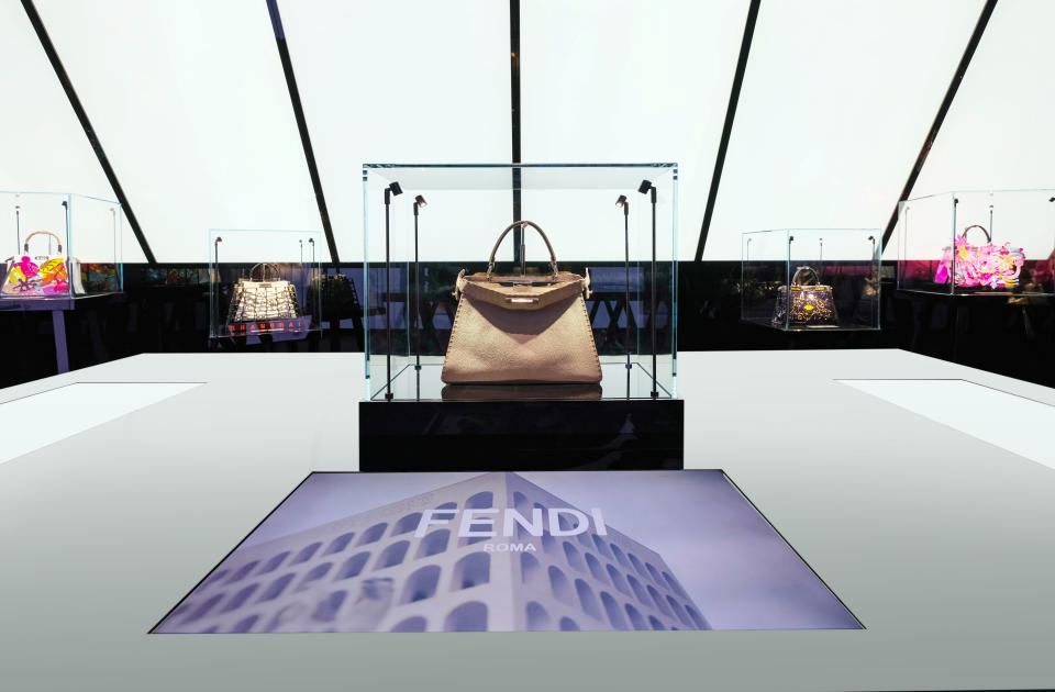 An area in the “Hand in Hand” exhibition dedicated to Fendi’s Peekaboo bag.