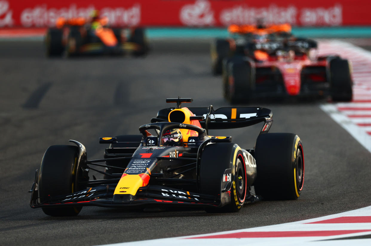 ABU DHABI, UNITED ARAB EMIRATES - NOVEMBER 26: Max Verstappen of the Netherlands driving the (1) Oracle Red Bull Racing RB18 on track during the F1 Grand Prix of Abu Dhabi at Yas Marina Circuit on November 26, 2023 in Abu Dhabi, United Arab Emirates. (Photo by Clive Rose/Getty Images)