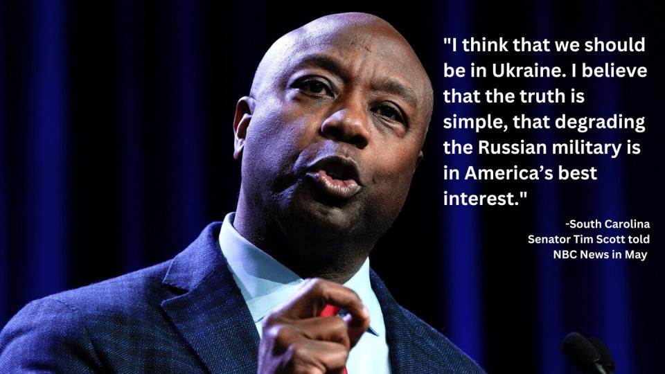 Republican presidential candidate Sen. Tim Scott, R-S.C., speaks at the Republican Party of Iowa's 2023 Lincoln Dinner in Des Moines, Iowa, Friday, July 28, 2023. (Charlie Neibergall / AP)