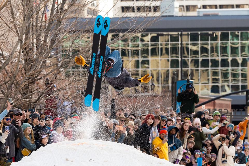 Carter Budge skis behind Brian Gardner in a skijoring event, part of the Salt Lake Winter Roundup, on West Temple in downtown Salt Lake City on Saturday, Feb. 10, 2024. | Megan Nielsen, Deseret News