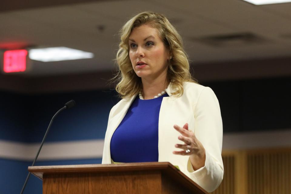 ATLANTA, GA - FEBRUARY 15: Attorney Ashleigh Merchant speaks during a hearing in the case of the State of Georgia v. Donald John Trump at the Fulton County Courthouse on February 15, 2024 in Atlanta, Georgia. Judge Scott McAfee is hearing testimony as to whether DA Fani Willis and Special Prosecutor Nathan Wade should be disqualified from the case for allegedly lying about a personal relationship. (Photo by Alyssa Pointer-Pool/Getty Images)