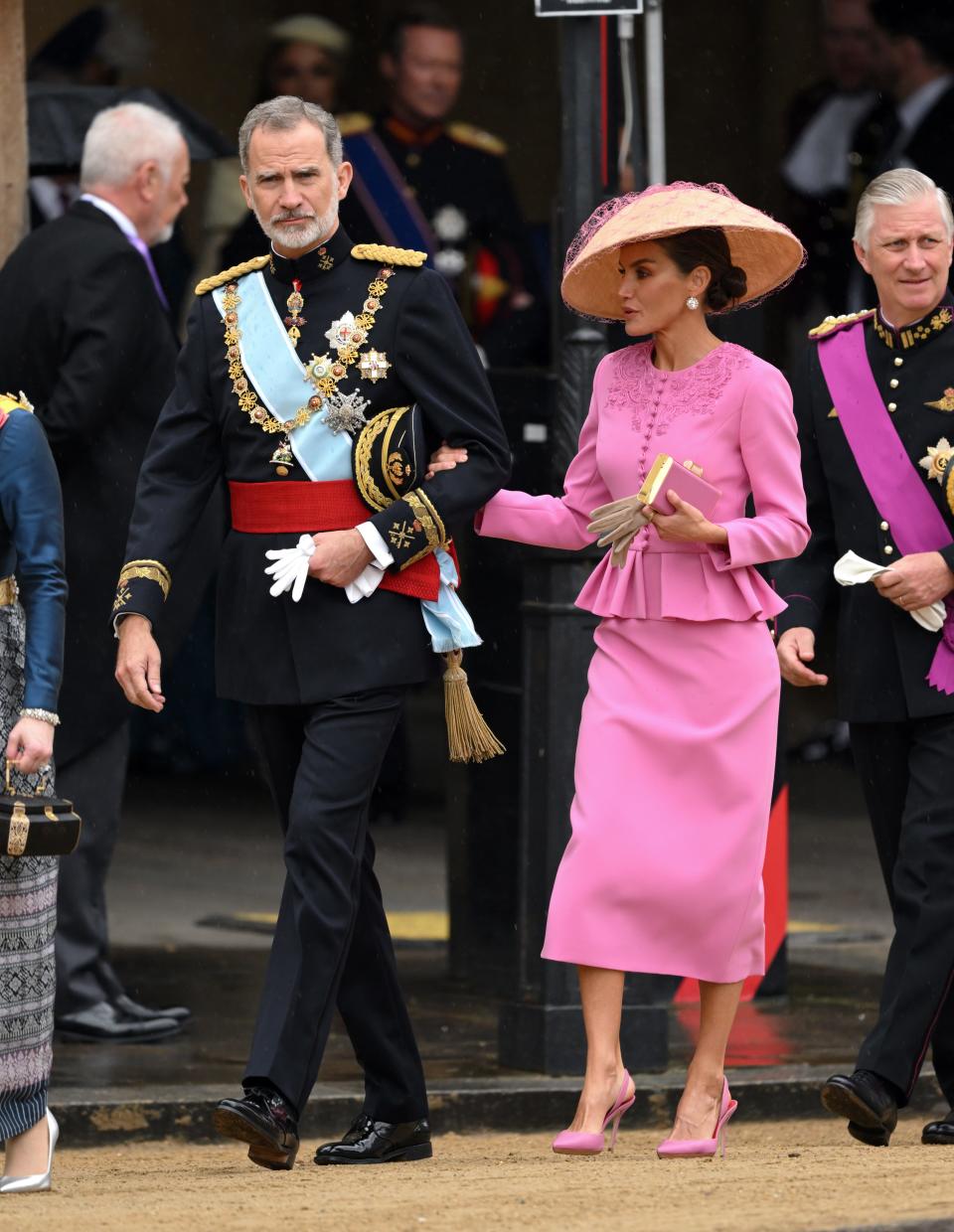 King Felipe VI and Queen Letizia of Spain arrive to attend Britain's King Charles and Queen Camilla's coronation ceremony at Westminster Abbey on May 6.