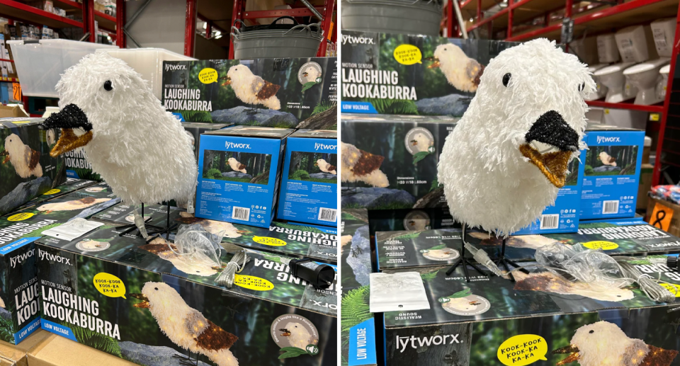 The kookaburra light on the shelf at Bunnings is made out of faux white feathers and has a black glitter beak. 