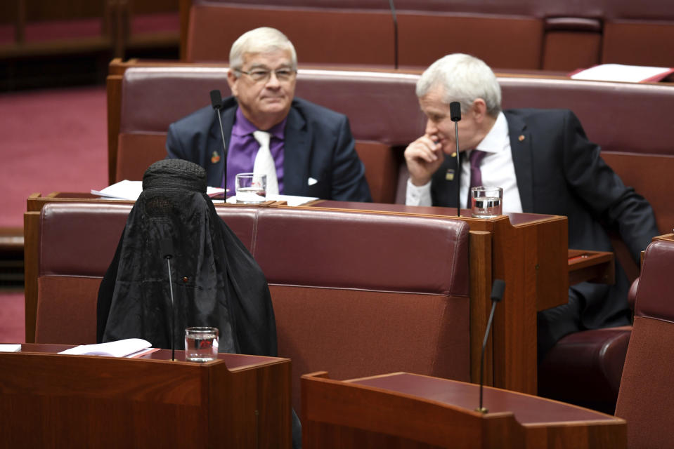 <em>Ms Hanson’s stunt did not go down well inside the chamber (AP)</em>