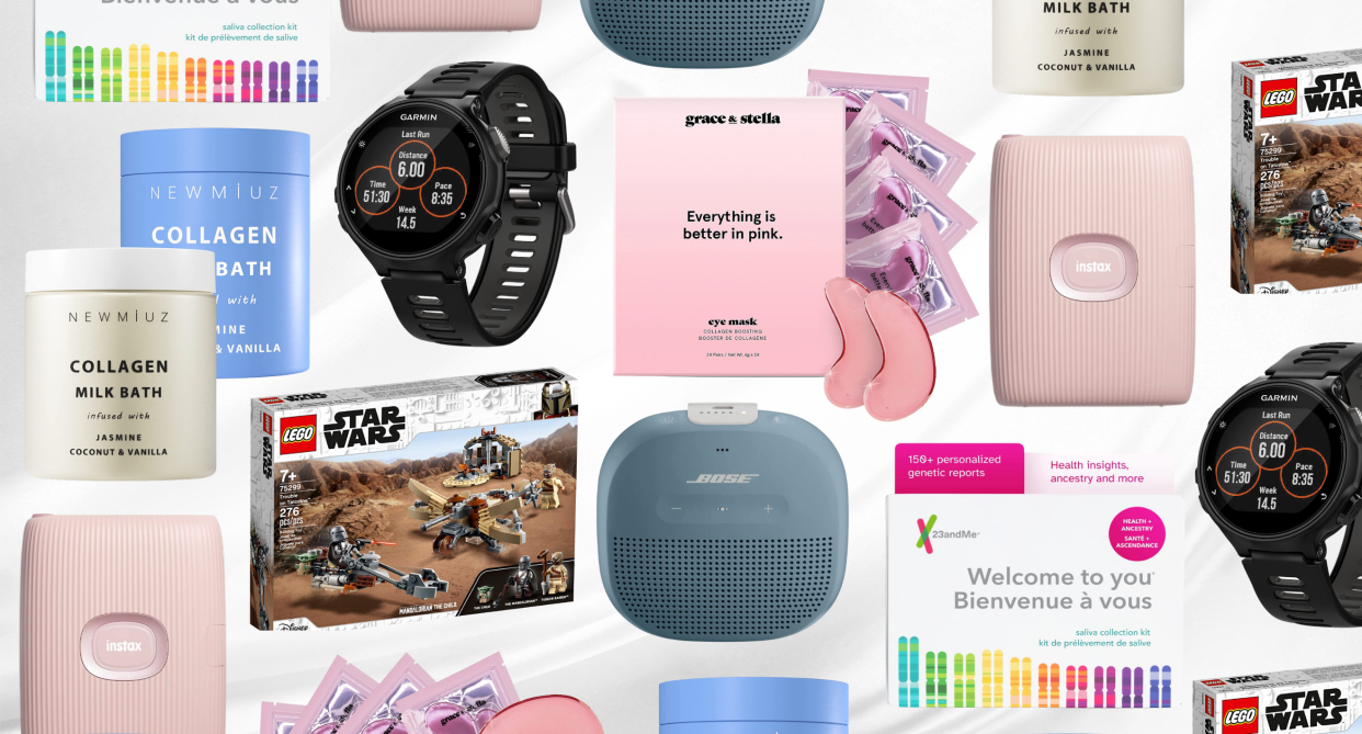 collage of milk bath soak, pink eye masks, dna kit, garmin watch, star wars lego, bose speaker, last minute christmas gifts