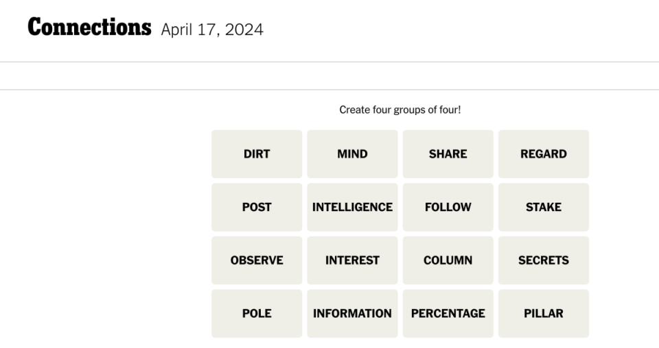 <em>Today's NYT Connections puzzle for Wednesday, April 17</em><em>, 2024</em><p>New York Times</p>
