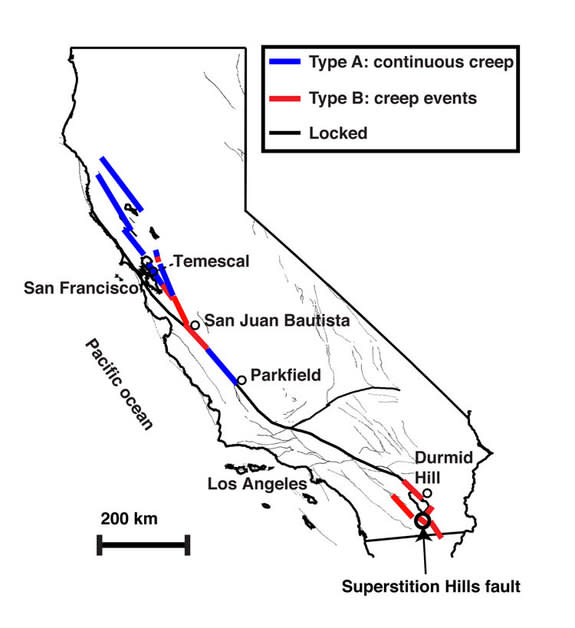Map showing the creeping section of California's San Andreas fault. The creeping section moves with no large earthquakes.