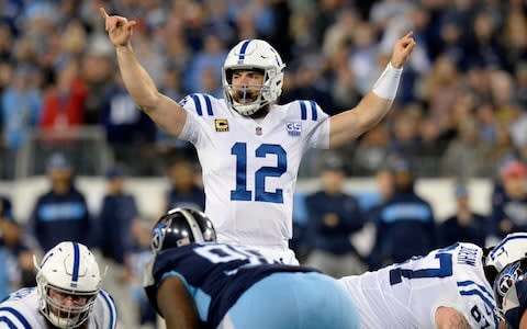 Indianapolis Colts quarterback Andrew Luck (12) calls a play against the Tennessee Titans in the first half of an NFL football game - Credit: AP