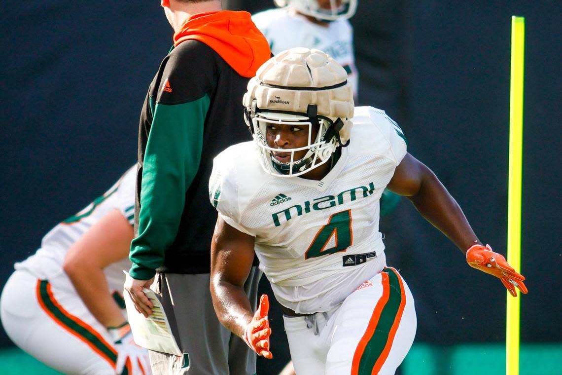 Miami Hurricanes linebacker Keontra Smith (4) works out during football practice at the University of Miami campus in Coral Gables, Florida, Thursday, March 23, 2023. SAM NAVARRO/Special for the Miami Herald