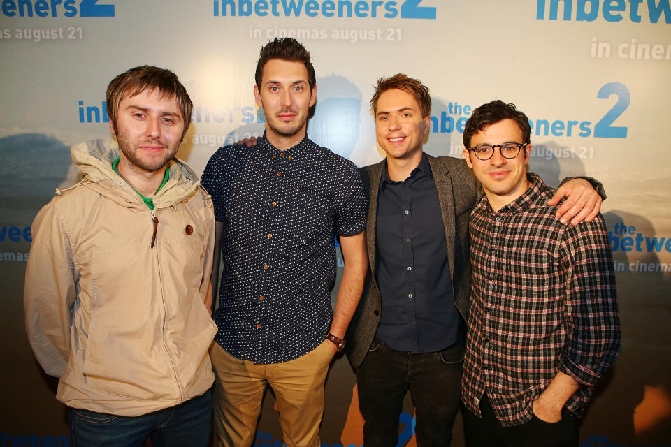 GOLD COAST, AUSTRALIA - AUGUST 12:  Actors (L-R) James Buckley, Blake Harrison, Joe Thomas and Simon Bird pose at the Queensland Premier of The Inbetweeners 2 at Event Cinemas, Robina on August 12, 2014 in Gold Coast, Australia.  The Inbetweeners 2 will be released on 21 August 2014.  (Photo by Chris Hyde/Getty Images)