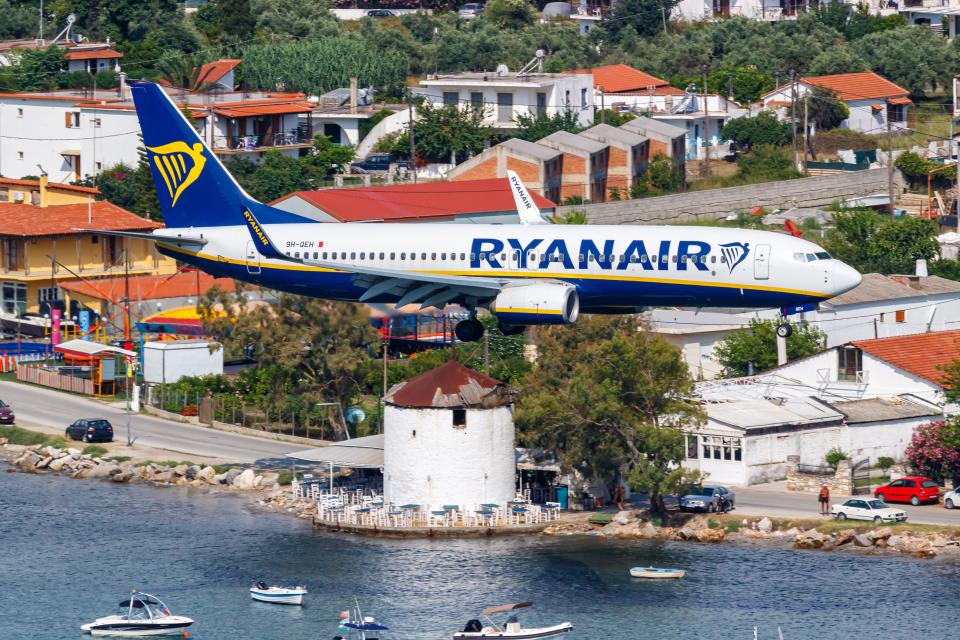 Skiathos, Greece - June 27, 2023: Ryanair Boeing 737-800 airplane at Skiathos Airport (JSI) in Greece.