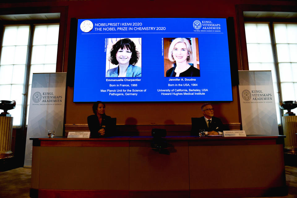 Emmanuelle Charpentier, left on screen, and Jennifer Doudna are announced as the winners of the 2020 Nobel prize in Chemistry during a news conference at the Royal Swedish Academy of Sciences, in Stockholm, Sweden, Oct. 7, 2020.<span class="copyright">Henrik Montgomery—TT/AP</span>