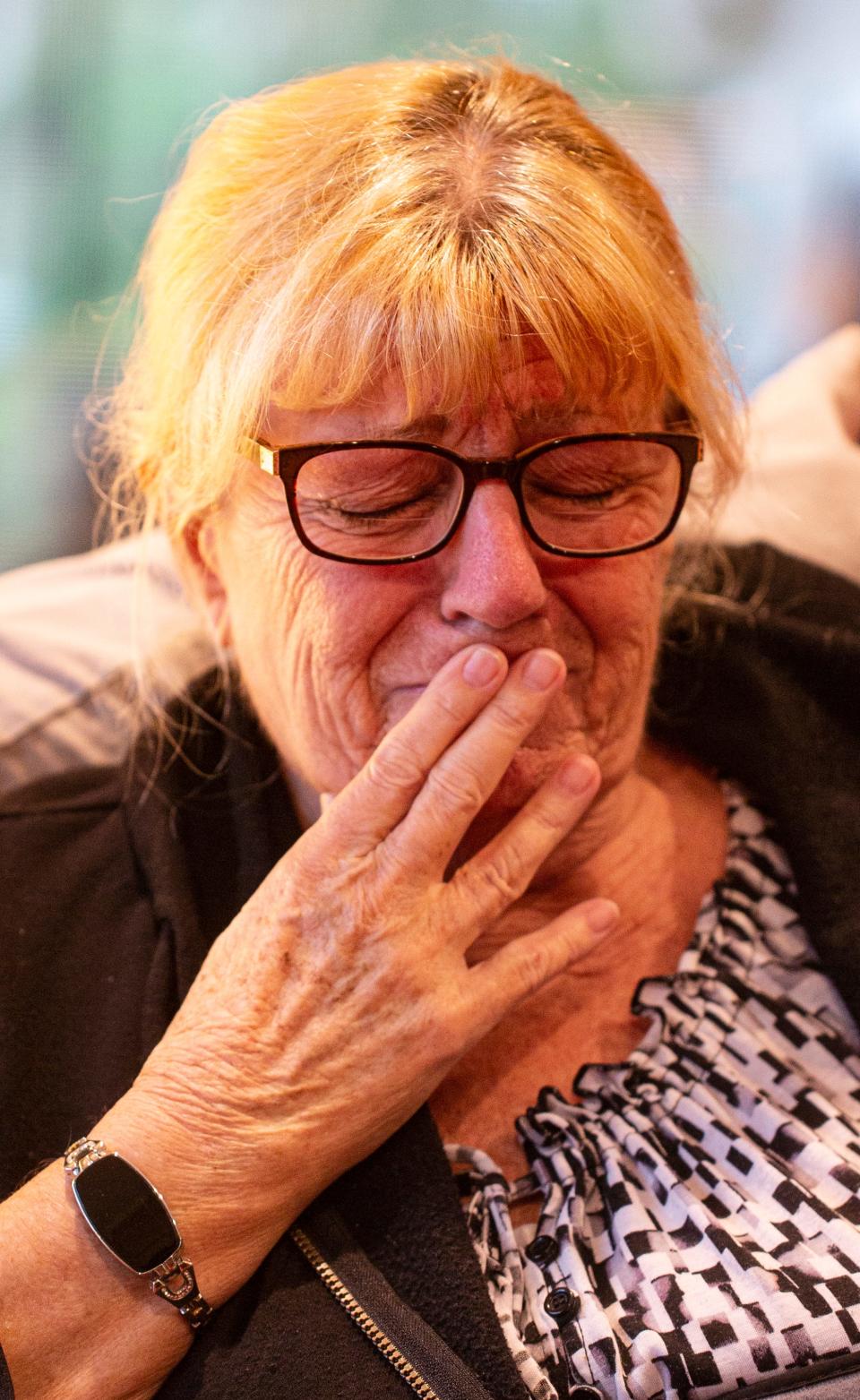 Judy Violette tears up while speaking about her grandson on Tuesday, Feb. 8, 2022. She and her husband, Leo have endured a rough last couple of weeks. Judy was diagnosed with cancer, their home was severely damaged by the tornado that hit Tropicana Park and their grandson passed away unexpectedly. With the help of friends and family, the couple is enduring.