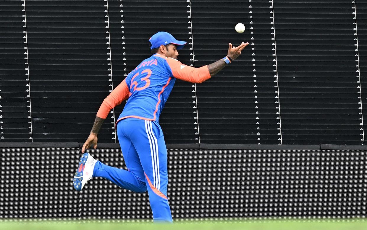 India's Suryakumar Yadav makes a catch to dismiss South Africa's David Miller during the ICC men's Twenty20 World Cup 2024 final cricket match between India and South Africa at Kensington Oval in Bridgetown, Barbados, on June 29, 2024