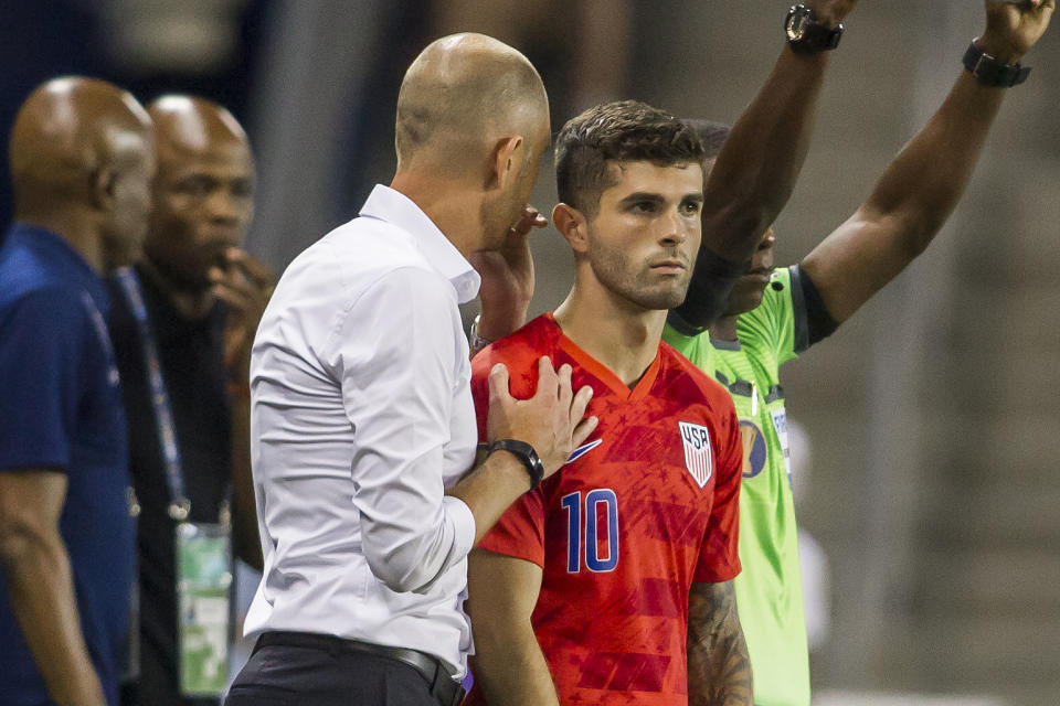 KANSAS CITY, KS - JUNE 26: United States midfielder Christian Pulisic (10) receives final instructions from United States head coach Gregg Berhalter before coming onto the pitch during the CONCACAF Gold Cup match between the United States and Panama on Wednesday June 26, 2019 at Children's Mercy Park in Kansas City, KS.  (Photo by Nick Tre. Smith/Icon Sportswire via Getty Images)