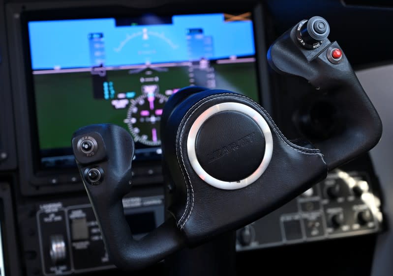 The cockpit controls are seen inside a mockup of Bombardier’s Learjet Liberty 75 at the National Business Aviation Association (NBAA) exhibition in Las Vegas