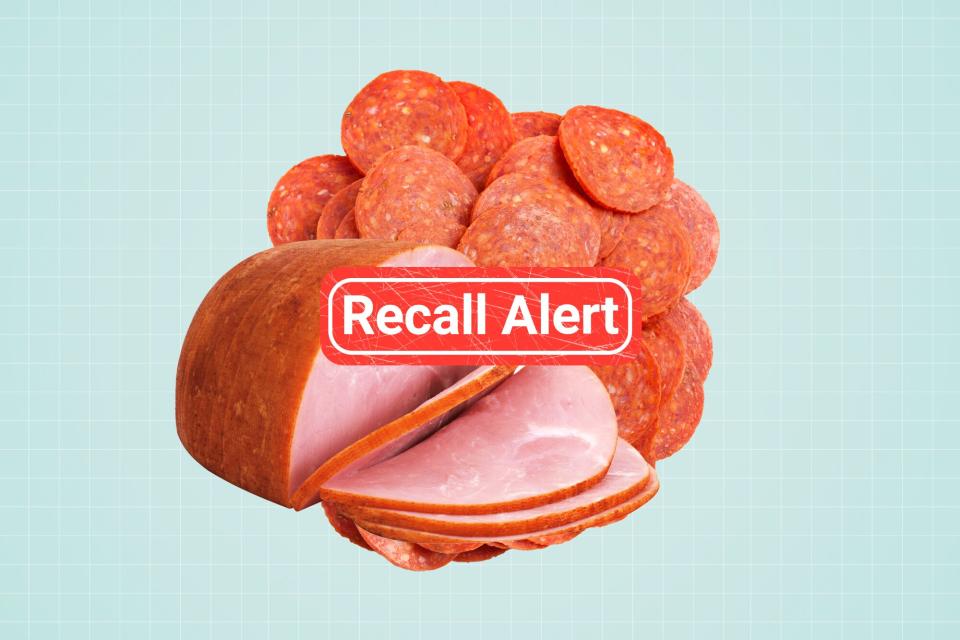 Ham and pepperoni on a designed background with a recall alert button on top of it