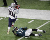 <p>New England Patriots strong safety Duron Harmon intercepts a pass intended for Philadelphia Eagles wide receiver Alshon Jeffery during the first half of the NFL Super Bowl 52 football game Sunday, Feb. 4, 2018, in Minneapolis. (AP Photo/Eric Gay) </p>