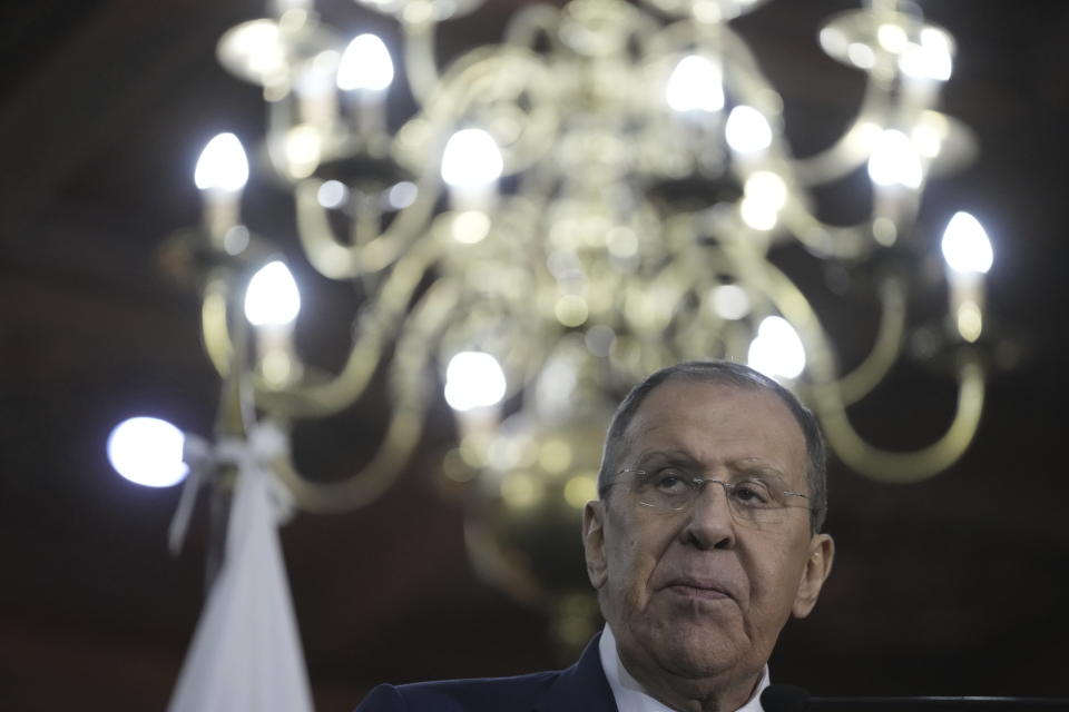 Russia's Foreign Minister Sergey Lavrov looks on during a news conference with Venezuelan Foreign Minister Yvan Gil Pinto at the Foreign Ministry in Caracas, Venezuela, Tuesday, Feb. 20, 2024. (AP Photo/Matias Delacroix)