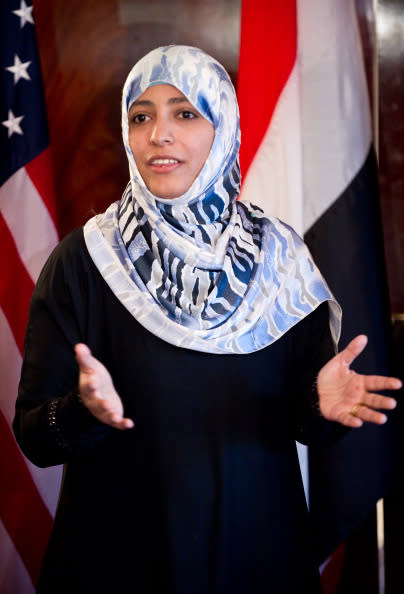 Yemeni Tawakkul Karman was awarded the global Nobel Peace Prize for her actions during the Yemen uprising and is often called the ‘mother of Yemen’s revolution’. Karman became the first Arab woman, the youngest person ever to become a Nobel Peace Laureate and the category’s second Muslim woman. (Nicholas Kamm/AFP/Getty Images)