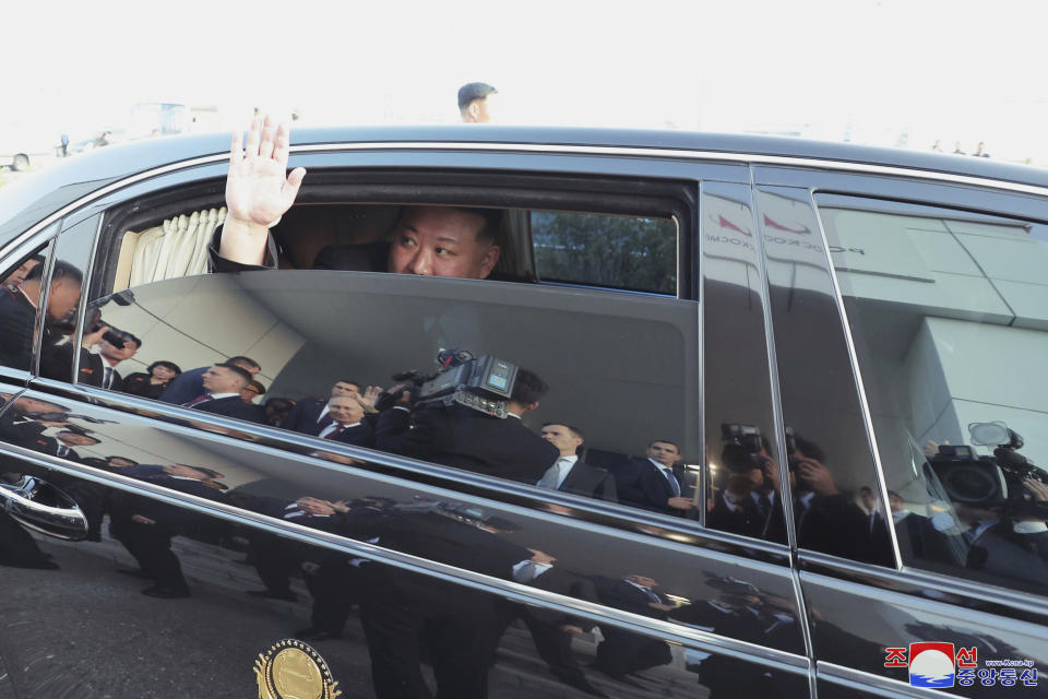 In this photo provided by the North Korean government, North Korean leader Kim Jong Un responds as Russian President Vladimir Putin sends him off from the Vostochny cosmodrome outside the city of Tsiolkovsky, about 200 kilometers (125 miles) from the city of Blagoveshchensk in the far eastern Amur region, Russia, Wednesday, Sept. 13, 2023. Independent journalists were not given access to cover the event depicted in this image distributed by the North Korean government. The content of this image is as provided and cannot be independently verified. Korean language watermark on image as provided by source reads: "KCNA" which is the abbreviation for Korean Central News Agency. (Korean Central News Agency/Korea News Service via AP)