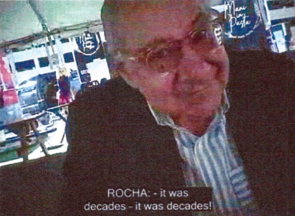 FILE - This image provided by the U.S. Justice Department and contained in the affidavit in support of a criminal complaint, shows Manuel Rocha during a meeting with a FBI undercover employee. On Thursday, Feb. 29, 2024, Rocha, 73, told a judge he would admit to federal counts of conspiring to act as an agent of a foreign government, charges that could land him behind bars for several years. (Justice Department via AP, File)