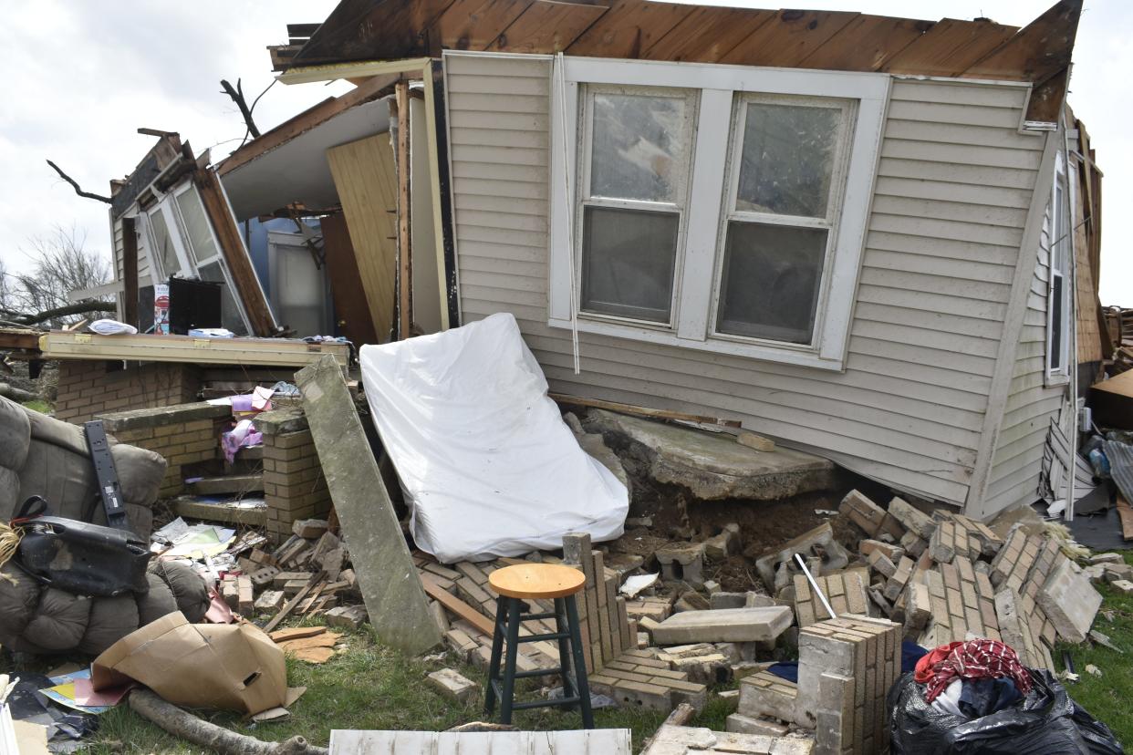 The tornado-struck Bowman residence on Concord Road in Owen County, April 4, 2023.