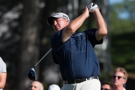 Jun 24, 2017; Cromwell, CT, USA; Boo Weekley plays his shot from the 18th tee during the third round of the Travelers Championship golf tournament at TPC River Highlands. Bill Streicher-USA TODAY Sports